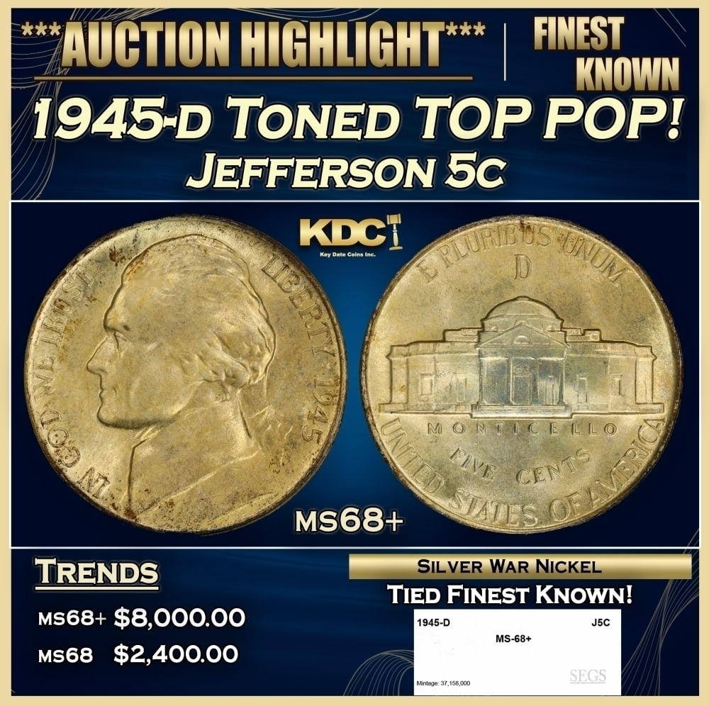 1945-d Jefferson Nickel Toned TOP POP! 5c ms68+ SEGS (1 of 4)