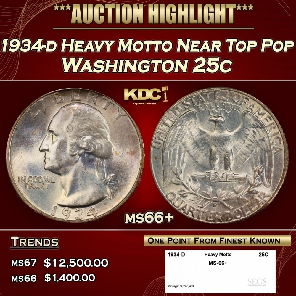 1934-d Heavy Motto Washington Quarter Near Top Pop 25c ms66+ SEGS: 1934-d Heavy Motto Near Top Pop Washington Quarter 25c ms66+ SEGS. 0