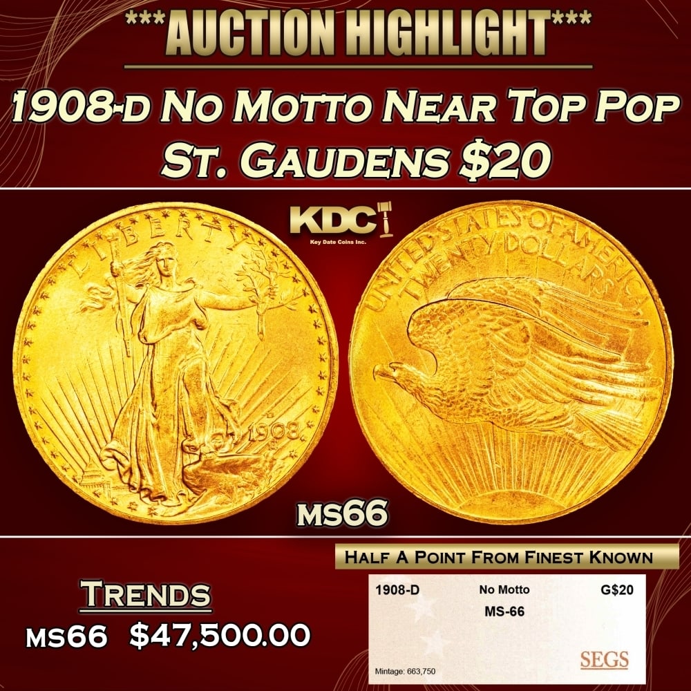 1908-d No Motto Gold St. Gaudens Double Eagle Near Top Pop $20 ms66 SEGS (1 of 4)