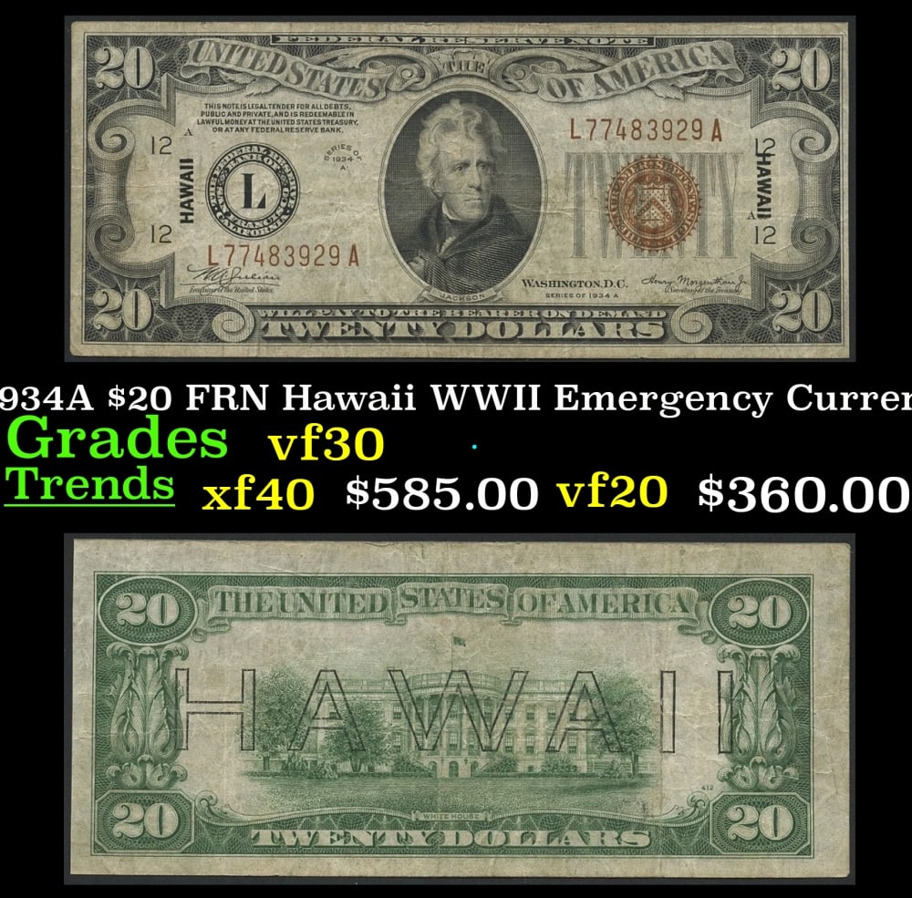 1934A $20 FRN Hawaii WWII Emergency Currency Grades vf++ (1 of 3)