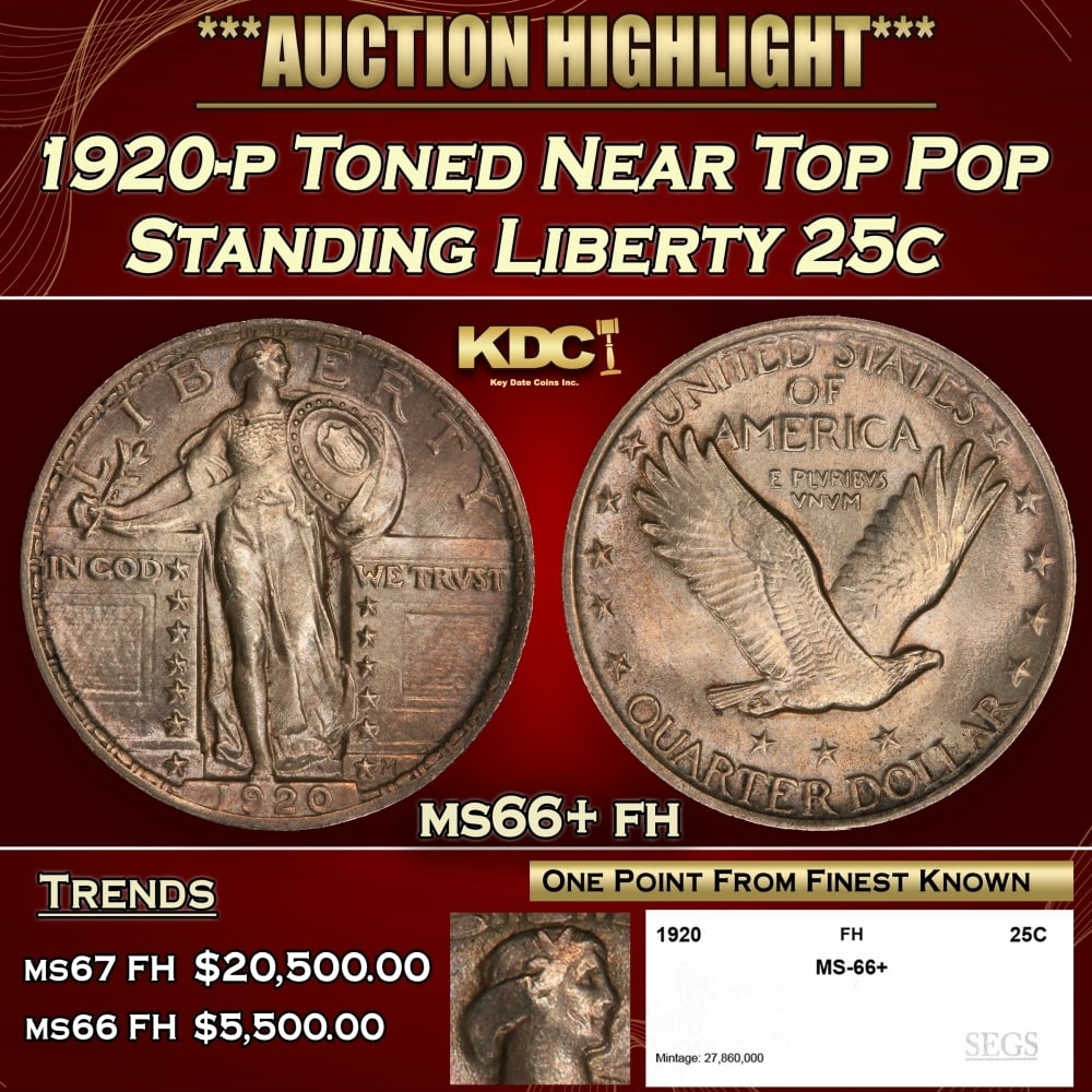 1920-p Standing Liberty Quarter Toned Near Top Pop 25c ms66+ fh SEGS: 1920-p Toned Near Top Pop Standing Liberty Quarter 25c ms66+ fh SEGS. 0