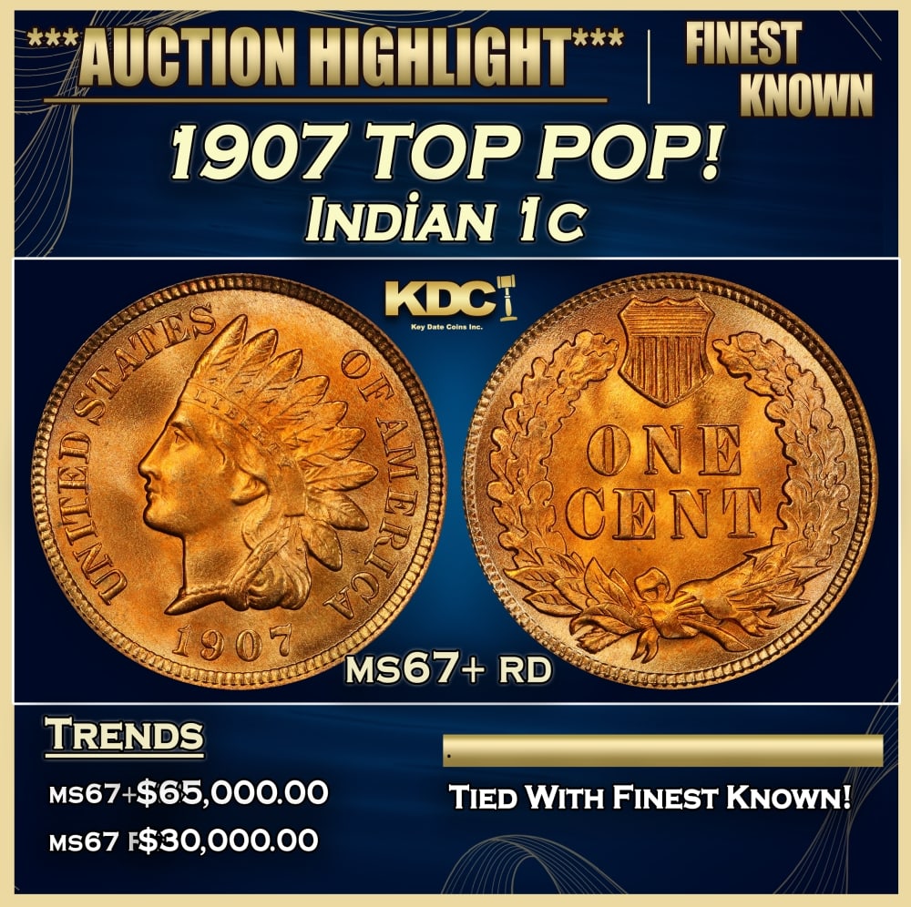 1907 Indian Cent TOP POP! 1c ms67+ rd SEGS: 1907 TOP POP! Indian Cent 1c ms67+ rd SEGS. 0