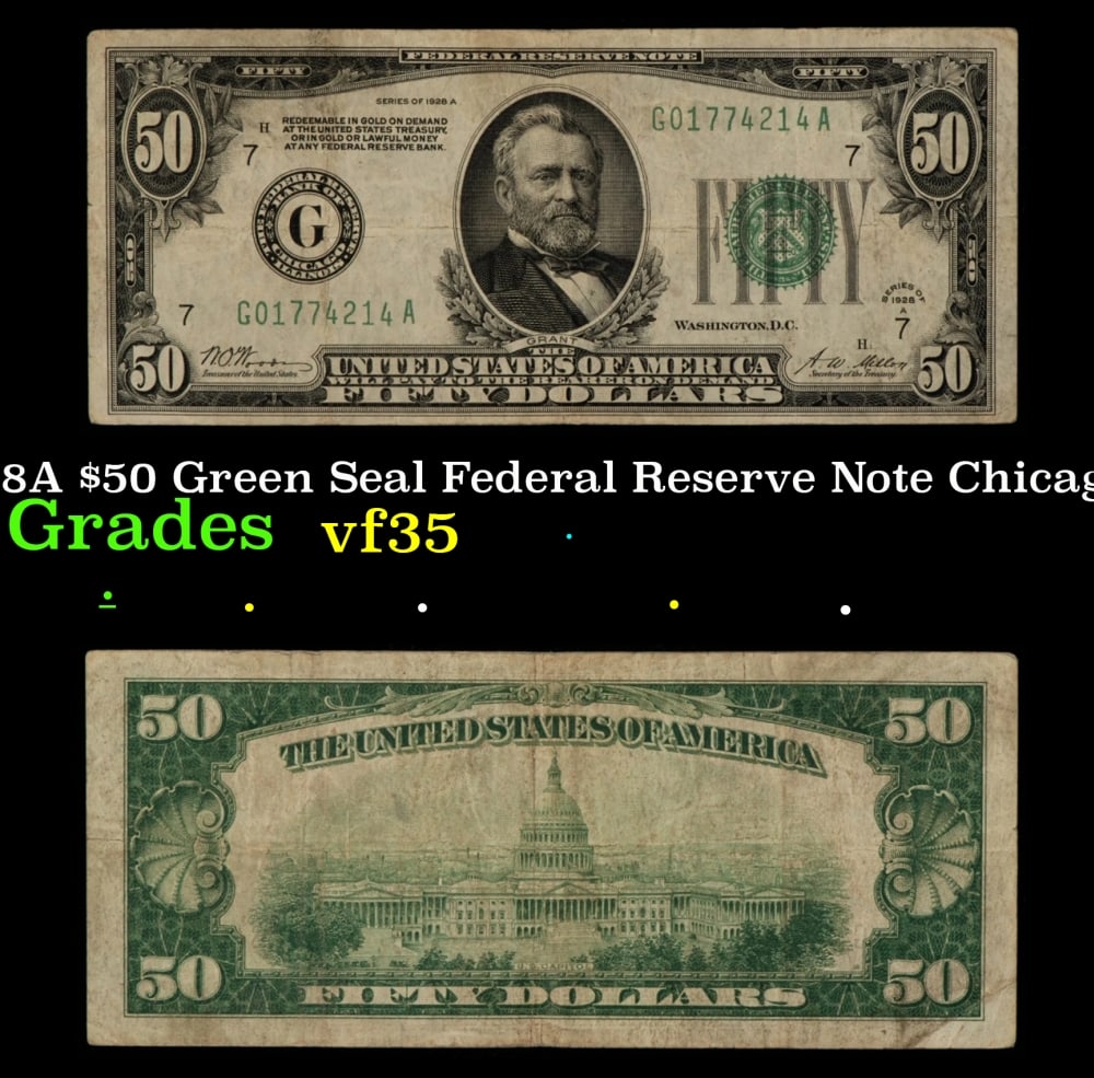 1928A $50 Green Seal Federal Reserve Note Chicago. IL Grades vf++: 1928A $50 Green Seal Federal Reserve Note Chicago. IL Grades vf++.