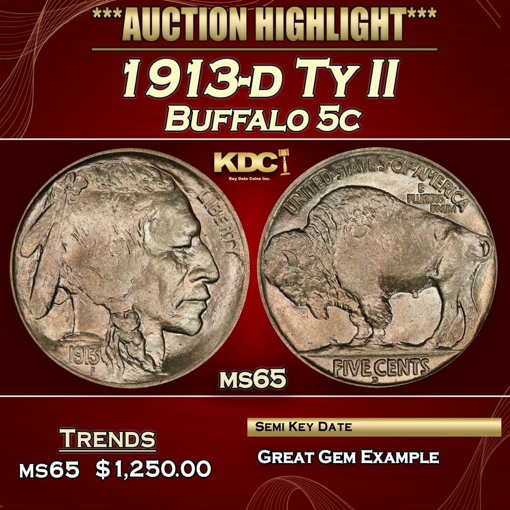 1913-d Ty II Buffalo Nickel 5c ms65 SEGS (1 of 3)