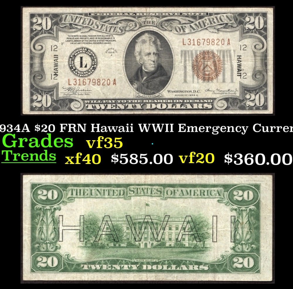 1934A $20 FRN Hawaii WWII Emergency Currency Grades vf++ (1 of 3)