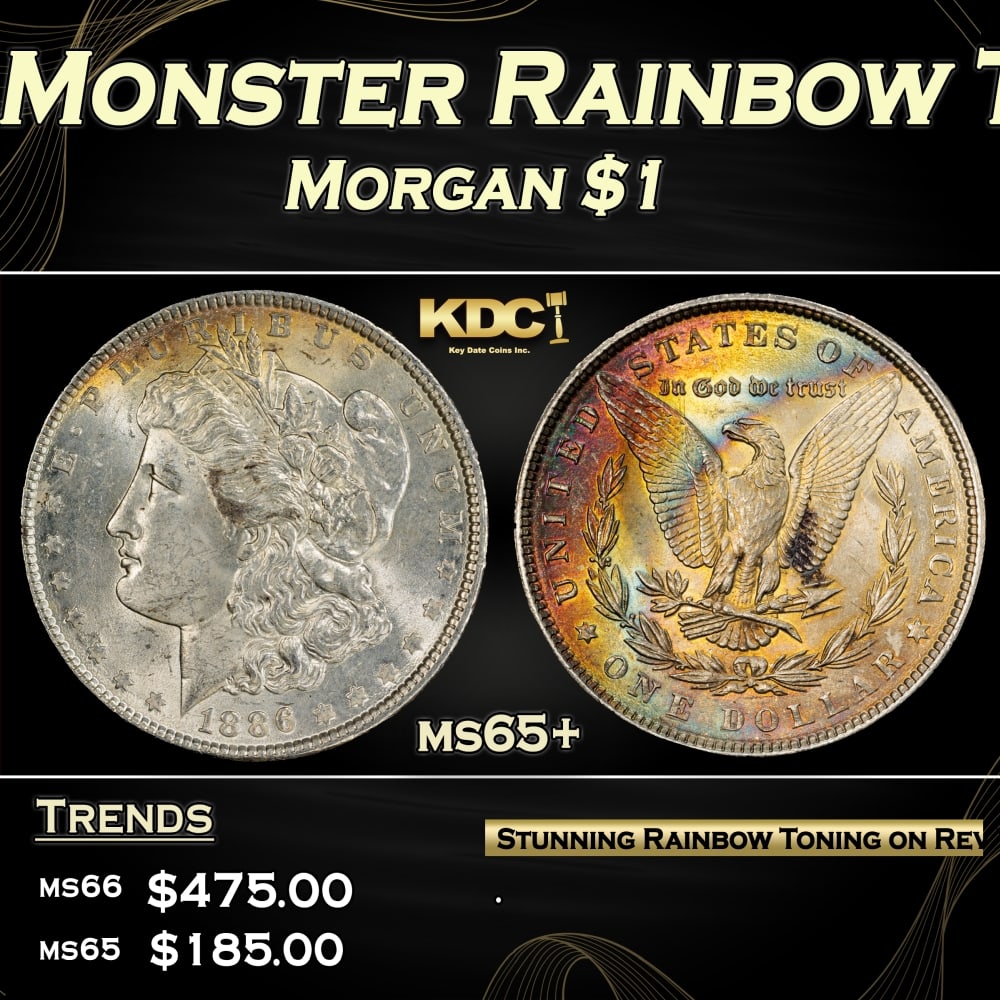 1886-p Morgan Dollar Monster Rainbow Toned $1 Grades ms65+: 1886-p Monster Rainbow Toned Morgan Dollar $1 Grades ms65+. 0