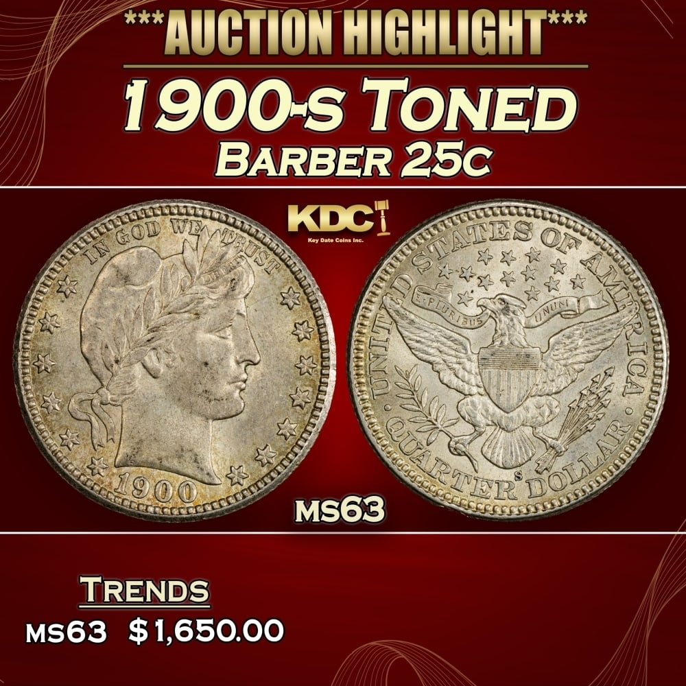 1900-s Barber Quarter Toned 25c ms63 USCG (1 of 3)