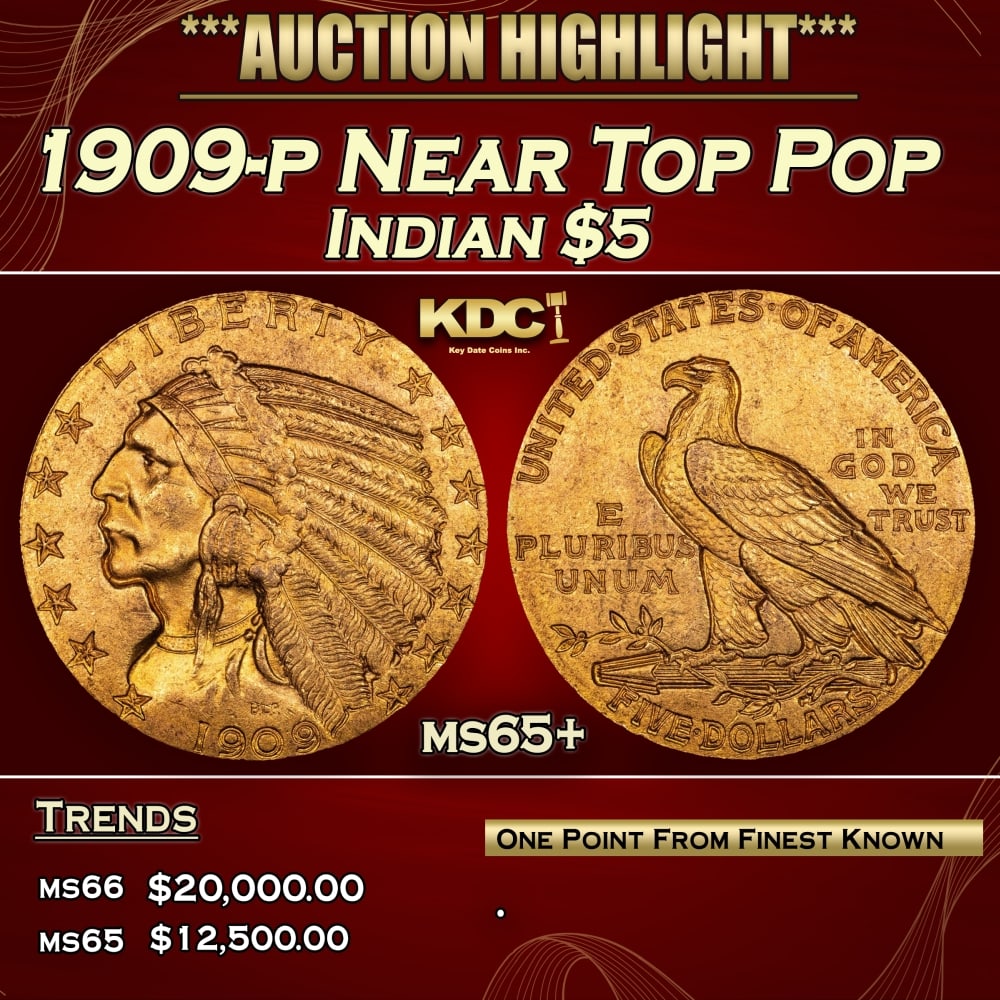 1909-p Gold Indian Half Eagle Near Top Pop $5 ms65+ USCG: 1909-p Near Top Pop Gold Indian Half Eagle $5 ms65+ USCG. 0