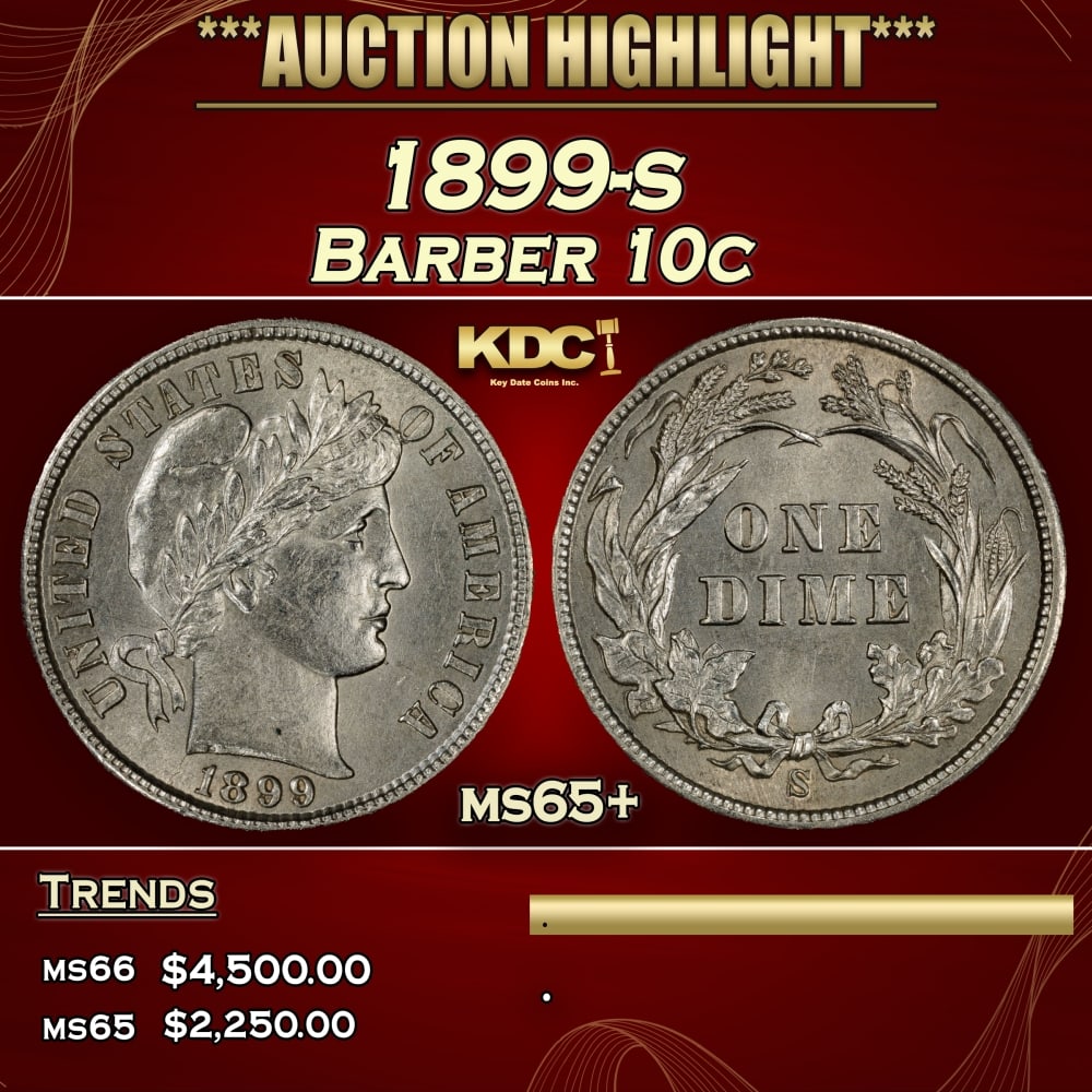 1899-s Barber Dime 10c ms65+ SEGS (1 of 3)