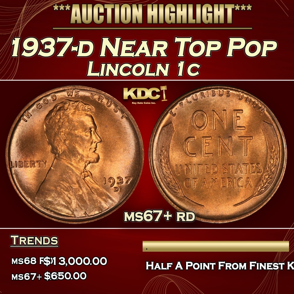 1937-d Lincoln Cent Near Top Pop 1c ms67+ rd SEGS (1 of 3)