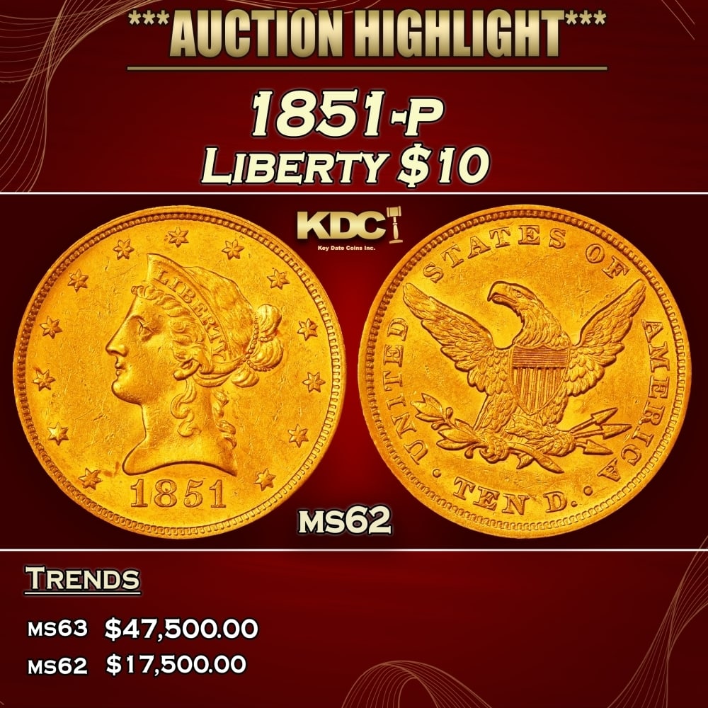 1851-p Gold Liberty Eagle $10 ms62 USCG (1 of 3)