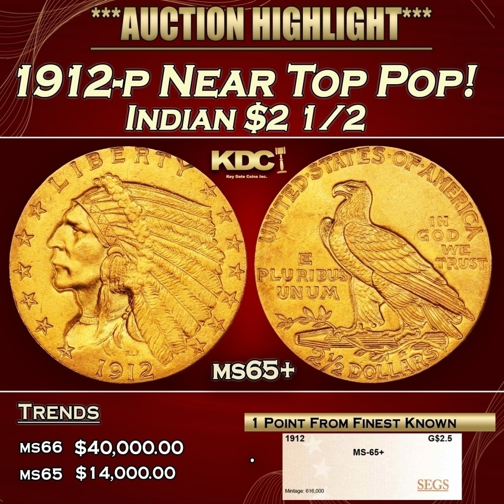 1912-p Gold Indian Quarter Eagle Near Top Pop! $2 1/2 ms65+ SEGS (1 of 4)