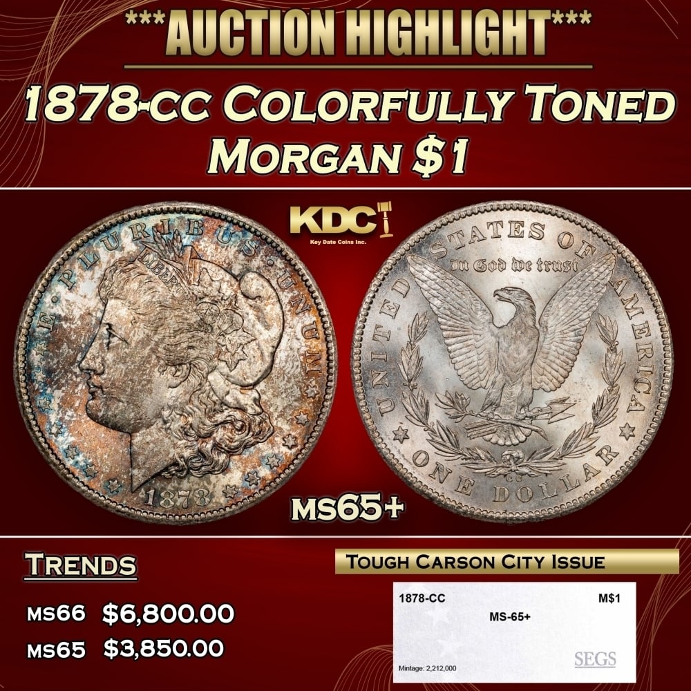 1878-cc Morgan Dollar Colorfully Toned $1 ms65+ SEGS: 1878-cc Colorfully Toned Morgan Dollar $1 ms65+ SEGS. 0