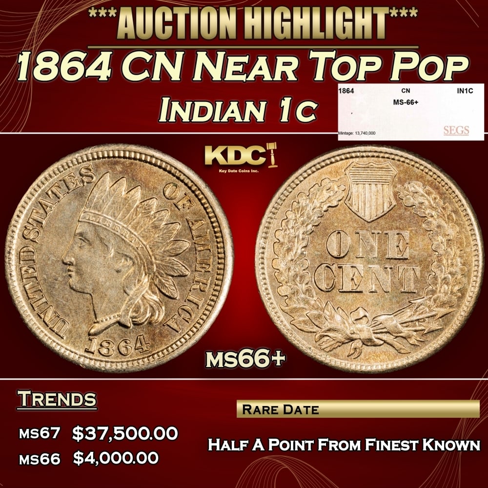 1864 CN Indian Cent Near Top Pop 1c ms66+ SEGS (1 of 4)