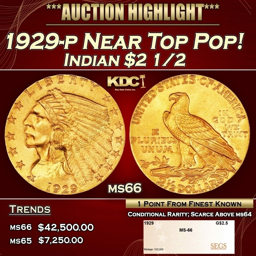 1929-p Gold Indian Quarter Eagle Near Top Pop! $2 1/2 ms66 SEGS: 1929-p Near Top Pop! Gold Indian Quarter Eagle $2 1/2 ms66 SEGS. Per David Akers Of PCGS "This is an unusual issue in that it is easy to find in MS-63 or lower condition but surprisingly difficult to 