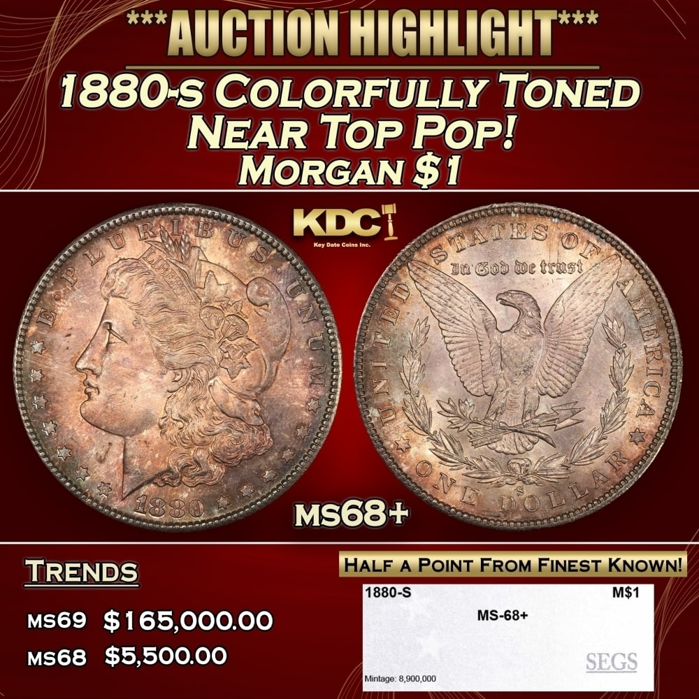 1880-s Morgan Dollar Colorfully Toned Near Top Pop! $1 ms68+ SEGS: 1880-s Colorfully Toned Near Top Pop! Morgan Dollar $1 ms68+ SEGS. 0