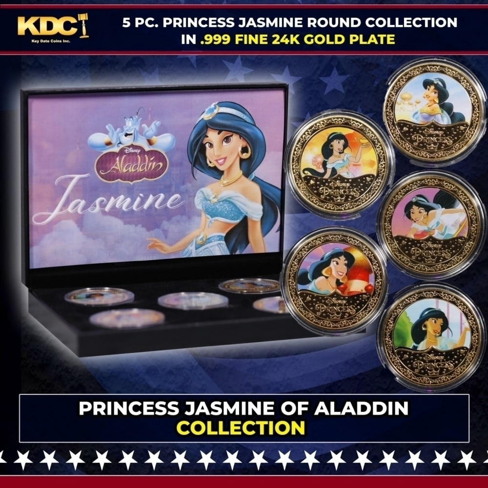 5 Coin Aladdin Princess Jasmine Gold Plated Round Collection In Custom Box W/ Special Backer card (1 of 7)