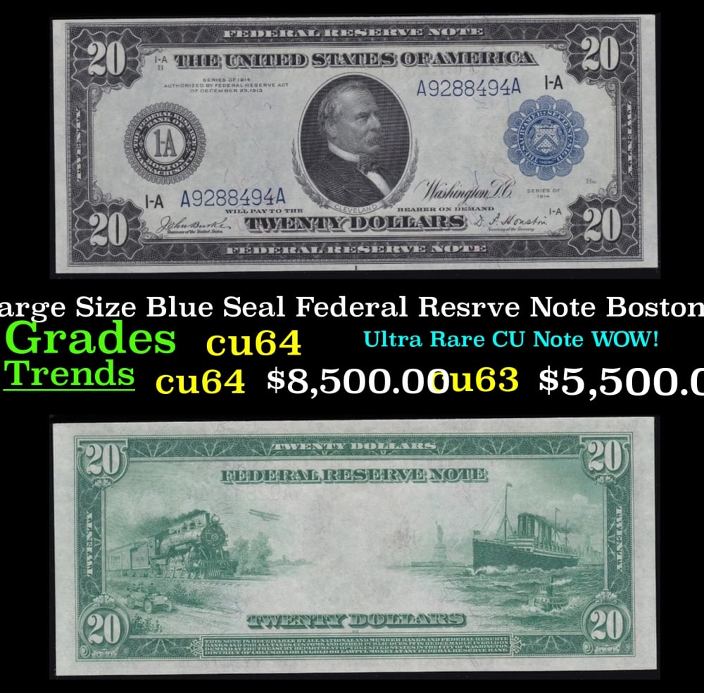 1914 $20 Large Size Blue Seal Federal Resrve Note Boston, MA Grades Choice CU FR-966 (1 of 3)