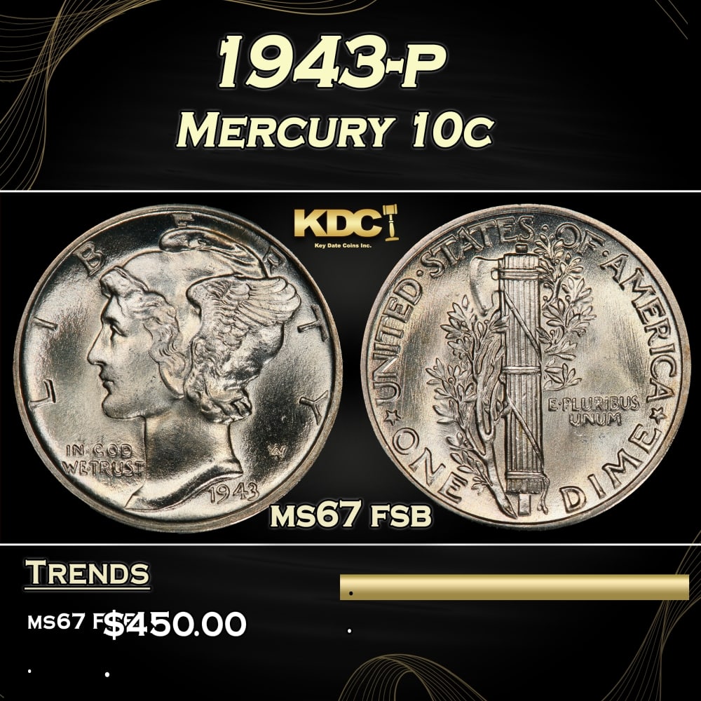 1943-p Mercury Dime 10c ms67 fsb SEGS (1 of 3)