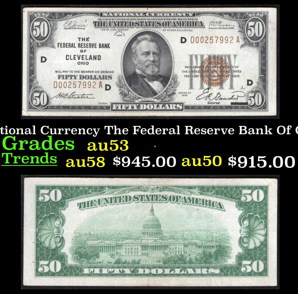 1929 $50 National Currency The Federal Reserve Bank Of Cleveland, OH Grades Select AU (1 of 3)
