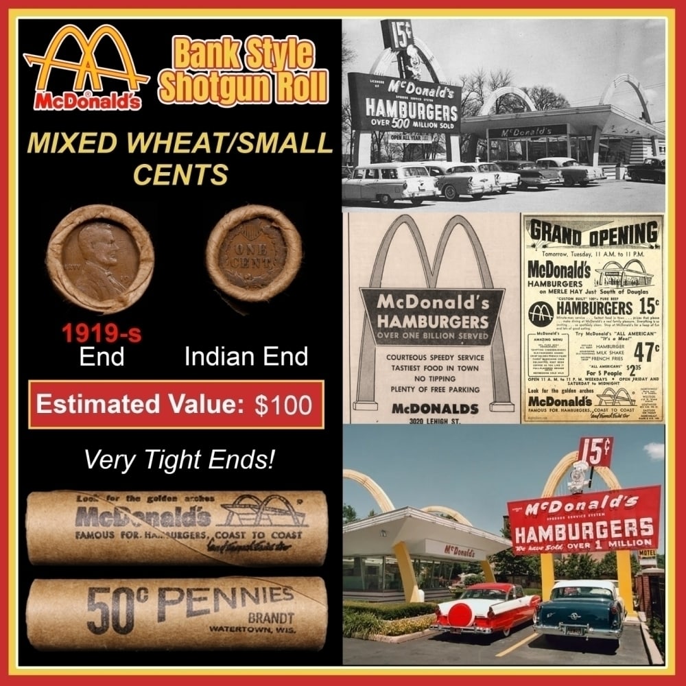Lincoln Wheat Cent 1c Mixed Roll Orig Brandt McDonalds Wrapper, 1919-s end, Indian other end: Lincoln Wheat Cent 1c Mixed Roll Orig Brandt McDonalds Wrapper, 1919-s end, Indian other end. Lincoln Wheat Cent 1c mixed original Shotgun Roll. Actual roll pictured is the roll you will get. A great 