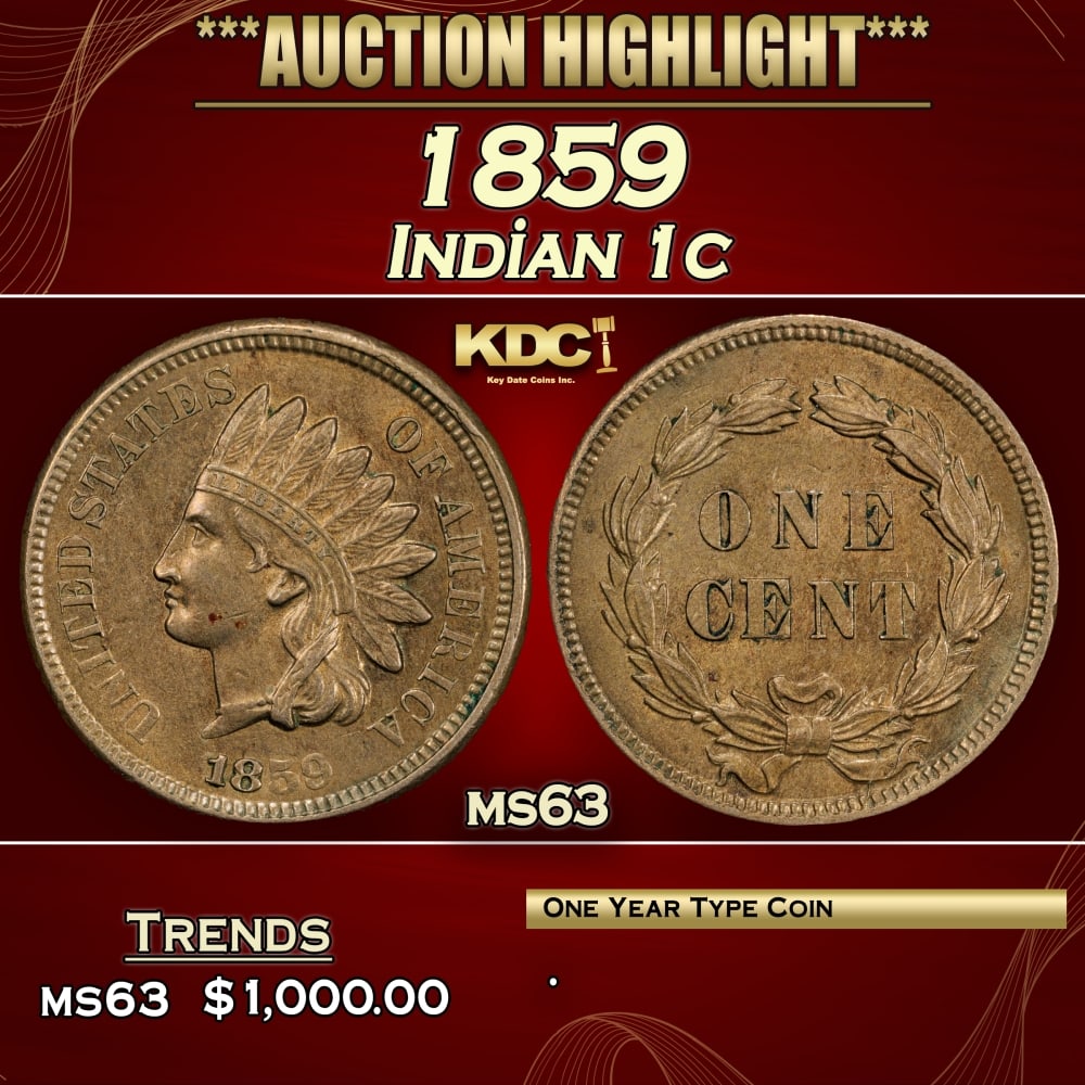 1859 Indian Cent 1c ms63 USCG (1 of 3)