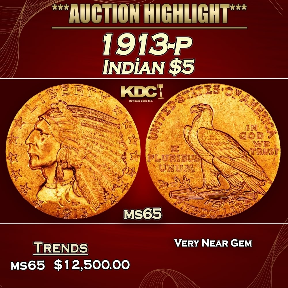 1913-p Gold Indian Half Eagle $5 ms65 USCG (1 of 3)
