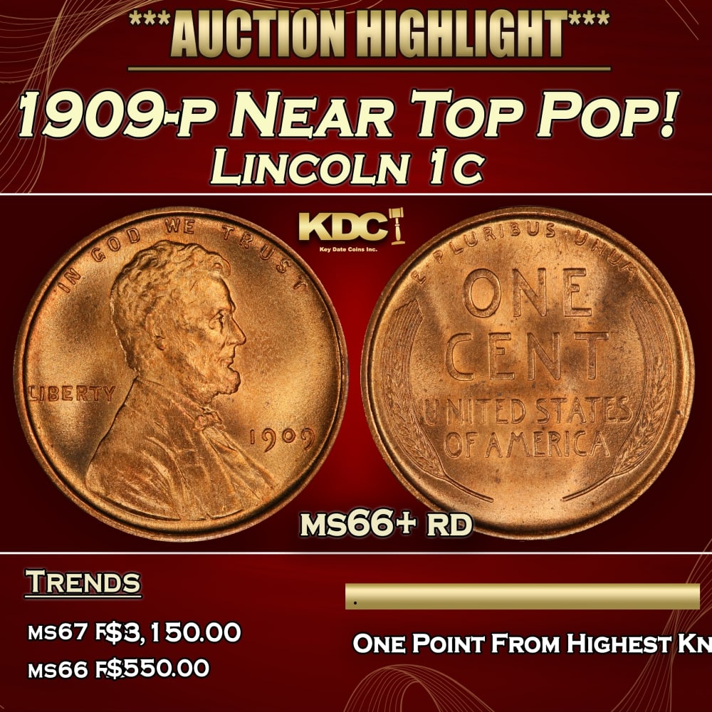 1909-p Lincoln Cent Near Top Pop! 1c ms66+ rd SEGS (1 of 3)