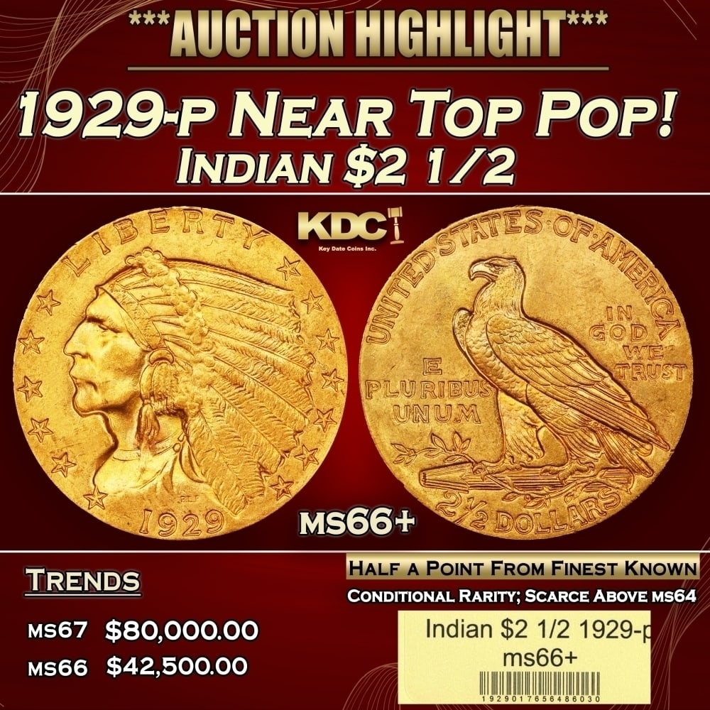 1929-p Gold Indian Quarter Eagle Near Top Pop! $2 1/2 ms66+ USCG: 1929-p Near Top Pop! Gold Indian Quarter Eagle $2 1/2 ms66+ USCG. Per David Akers Of PCGS "This is an unusual issue in that it is easy to find in MS-63 or lower condition but surprisingly difficult to