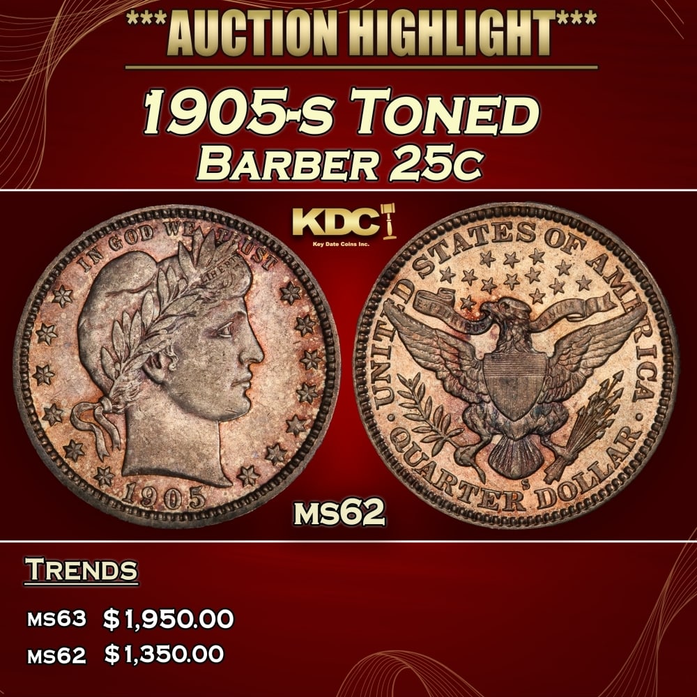 1905-s Barber Quarter Toned 25c ms62 USCG (1 of 3)