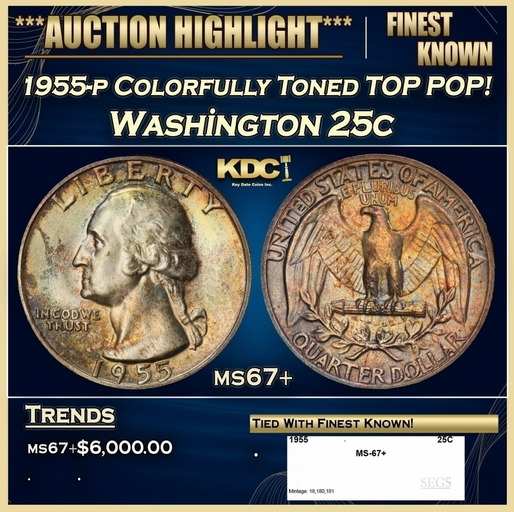 1955-p Washington Quarter Colorfully Toned TOP POP! 25c ms67+ SEGS (1 of 4)