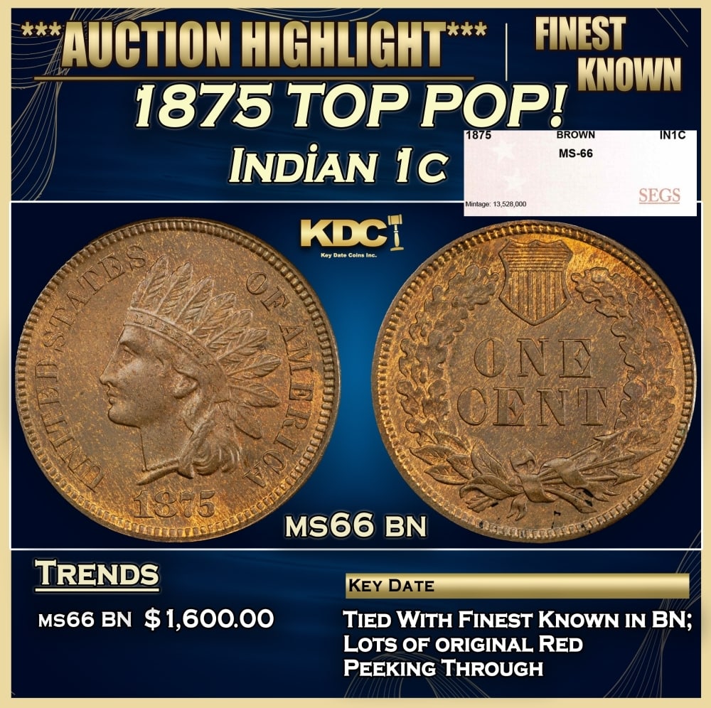 1875 Indian Cent TOP POP! 1c ms66 bn SEGS: 1875 TOP POP! Indian Cent 1c ms66 bn SEGS. According to Jaime Hernandez from PCGS, ?The 1875 Indian Cent is one of the scarcer issues in the series. This date gravitates more towards being one of the 