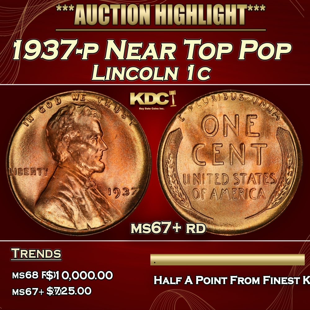 1937-p Lincoln Cent Near Top Pop 1c ms67+ rd SEGS (1 of 3)