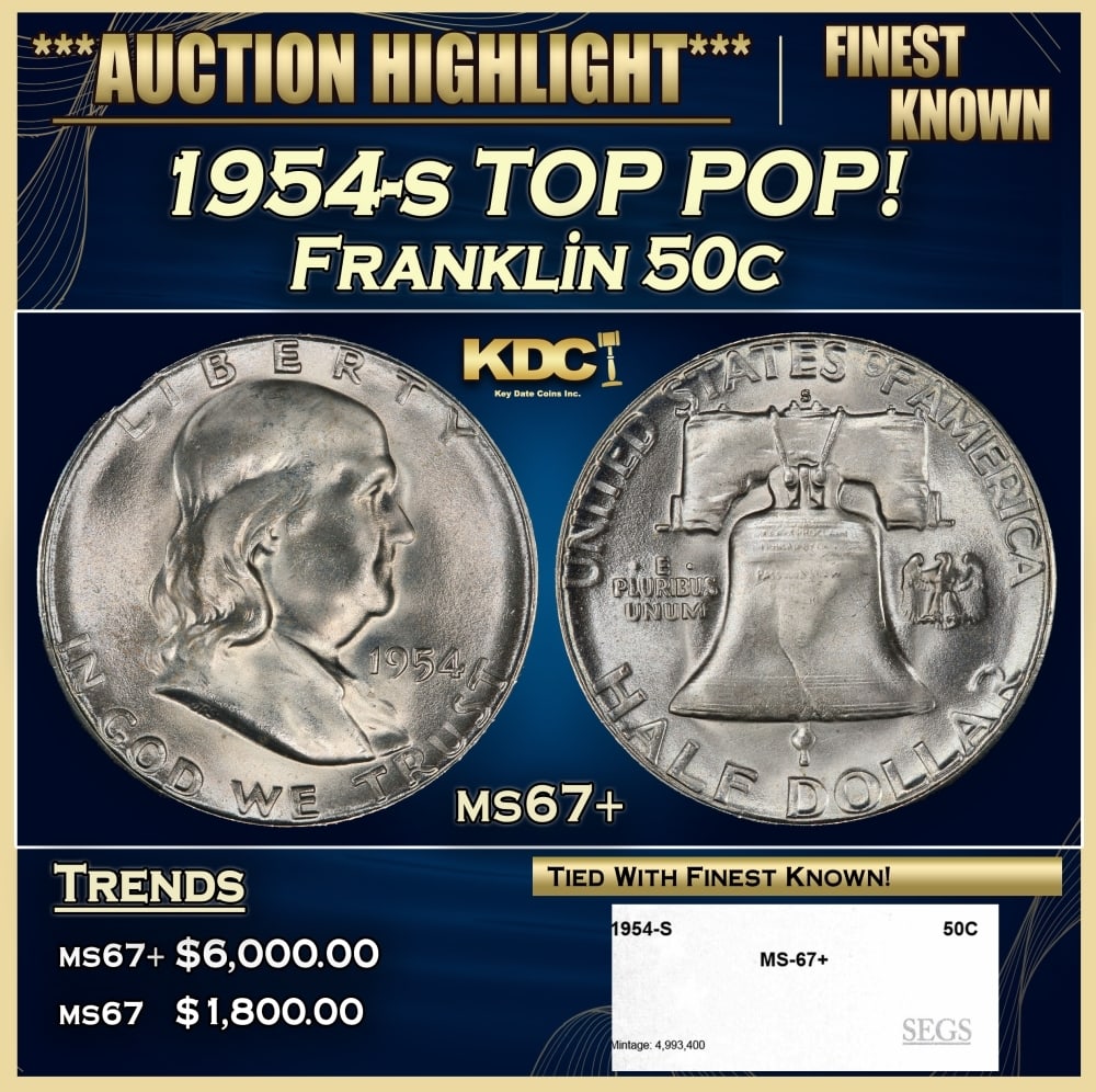 1954-s Franklin Half Dollar TOP POP! 50c ms67+ SEGS (1 of 4)