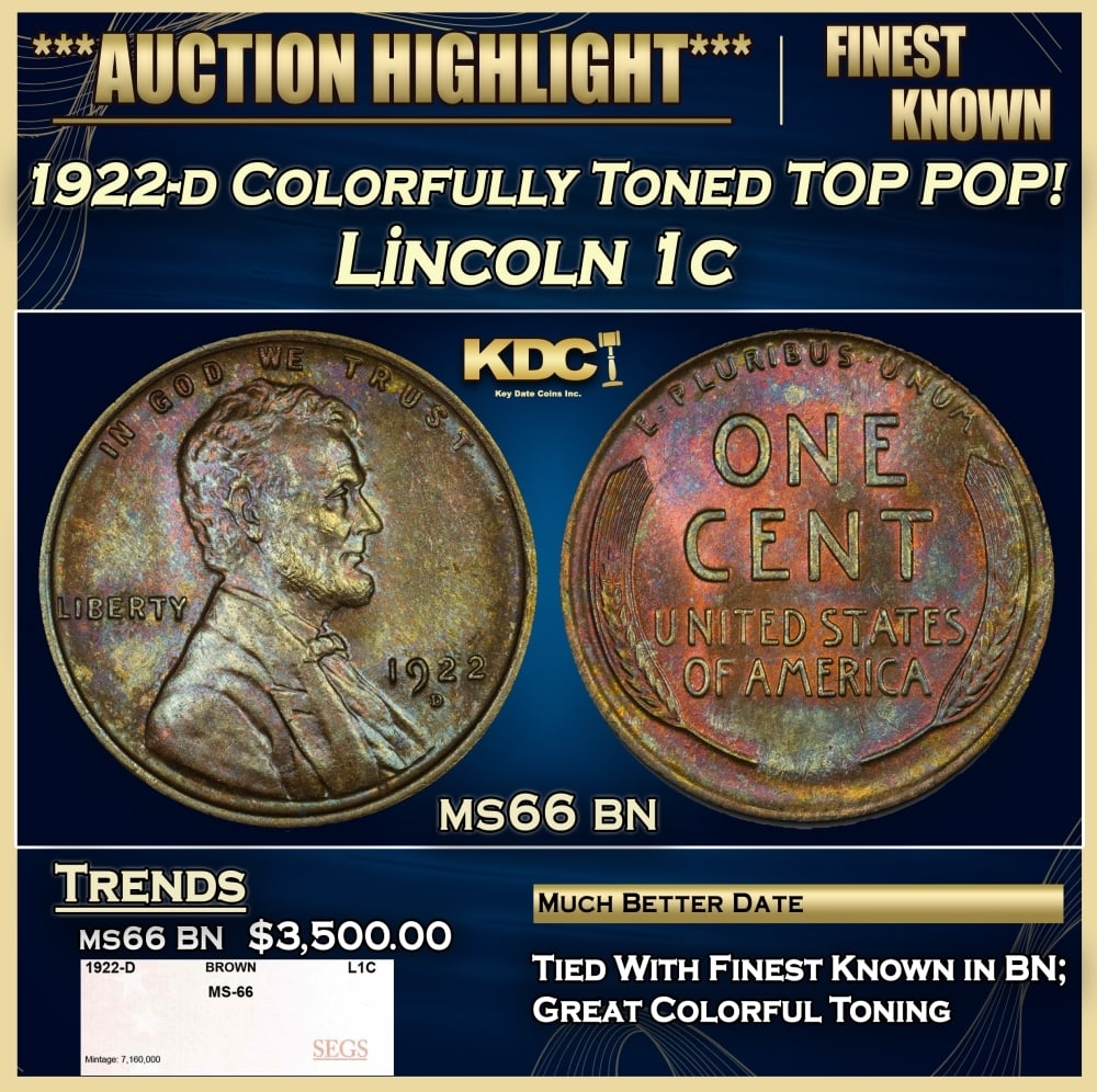1922-d Lincoln Cent Colorfully Toned TOP POP! 1c ms66 bn SEGS (1 of 4)