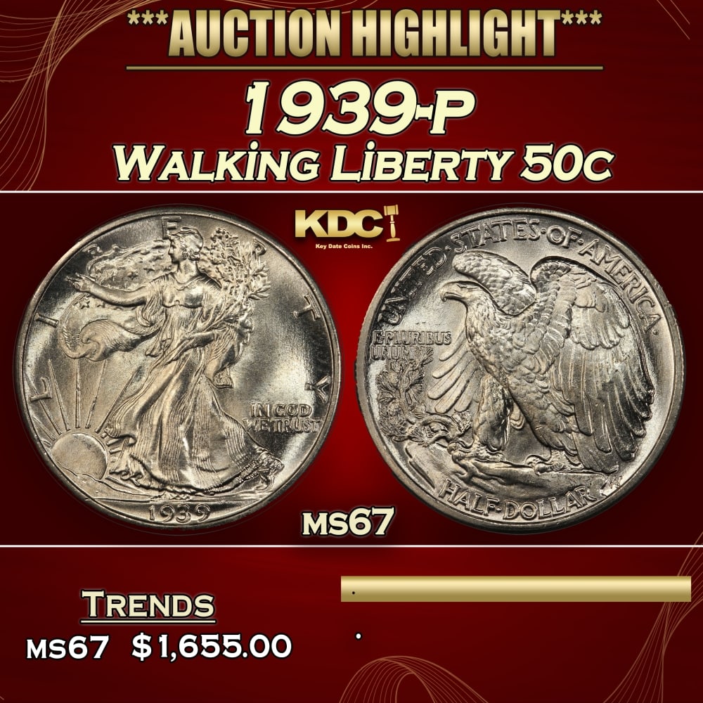 1939-p Walking Liberty Half Dollar 50c ms67 SEGS (1 of 3)