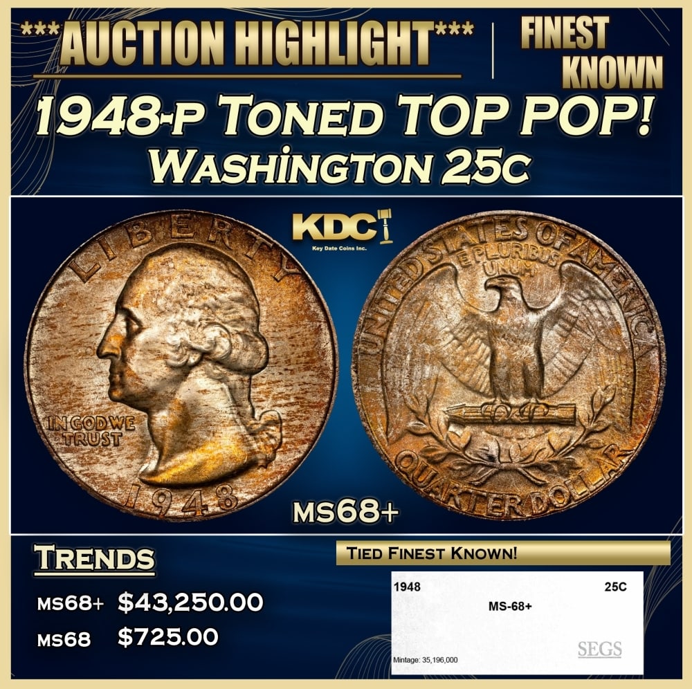 1948-p Washington Quarter Toned TOP POP! 25c ms68+ SEGS (1 of 4)