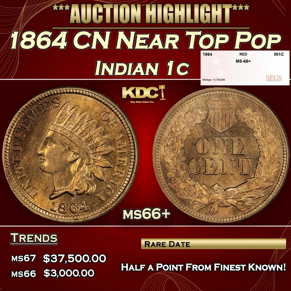 1864 CN Indian Cent Near Top Pop 1c ms66+ SEGS (1 of 4)