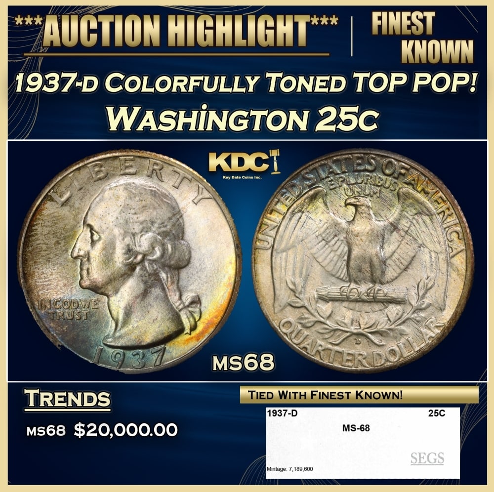 1937-d Washington Quarter Colorfully Toned TOP POP! 25c ms68 SEGS (1 of 4)