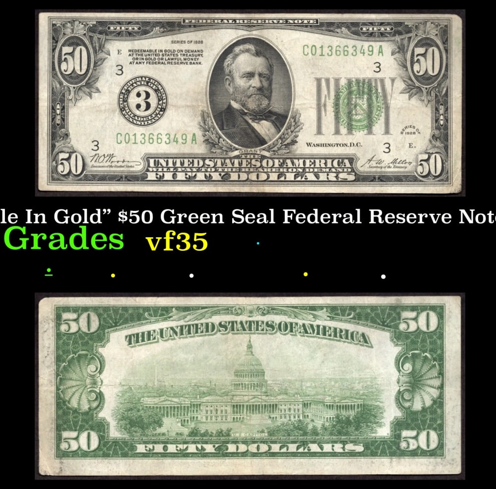 1928 $50 Green Seal Federal Reserve Note "Redeemable In Gold" Philadelphia, PA Grades vf++ (1 of 3)