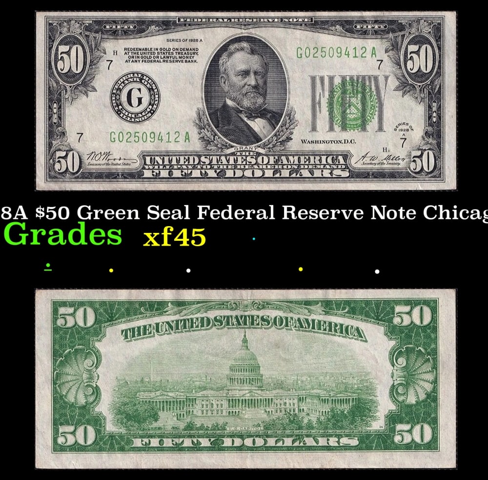 1928A $50 Green Seal Federal Reserve Note Chicago. IL Grades xf+ (1 of 3)