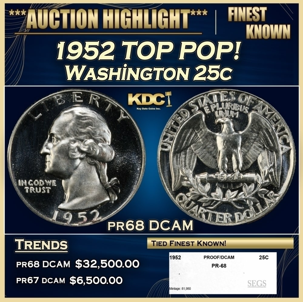 1952 Proof Washington Quarter TOP POP! 25c pr68 DCAM SEGS: 1952 TOP POP! Washington Quarter 25c pr68 DCAM SEGS. 0