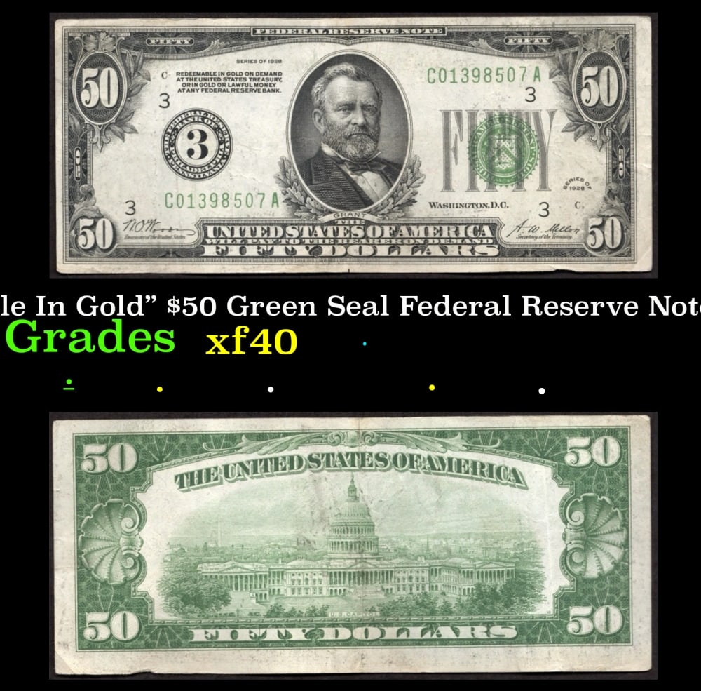 1928 $50 Green Seal Federal Reserve Note "Redeemable In Gold" Philadelphia, PA Grades xf (1 of 3)