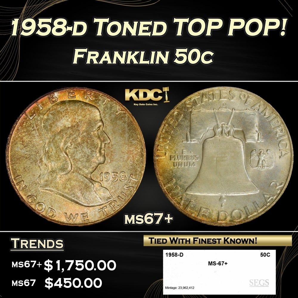 1958-d Franklin Half Dollar Toned TOP POP! 50c ms67+ SEGS (1 of 4)