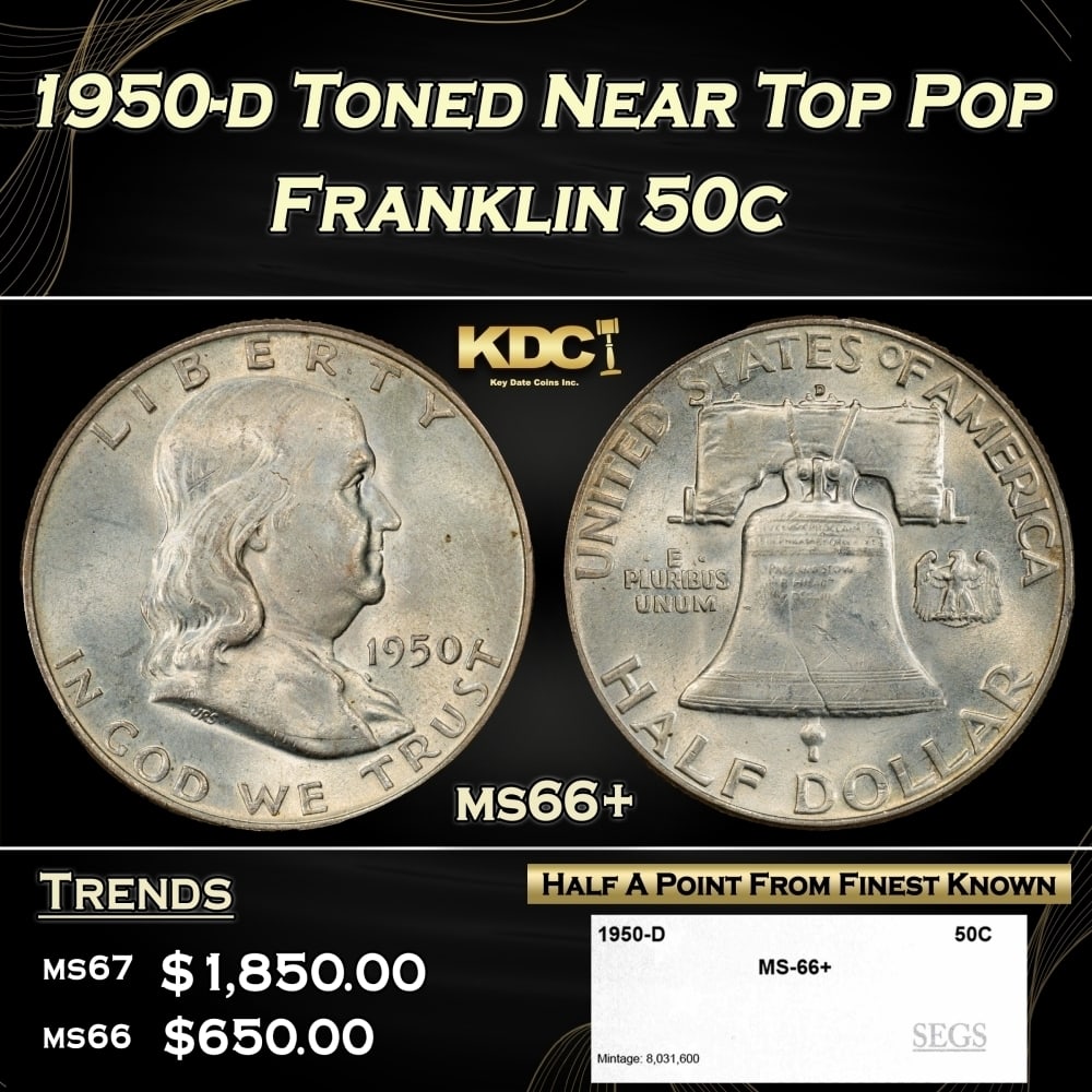 1950-d Franklin Half Dollar Toned Near Top Pop 50c ms66+ SEGS (1 of 4)