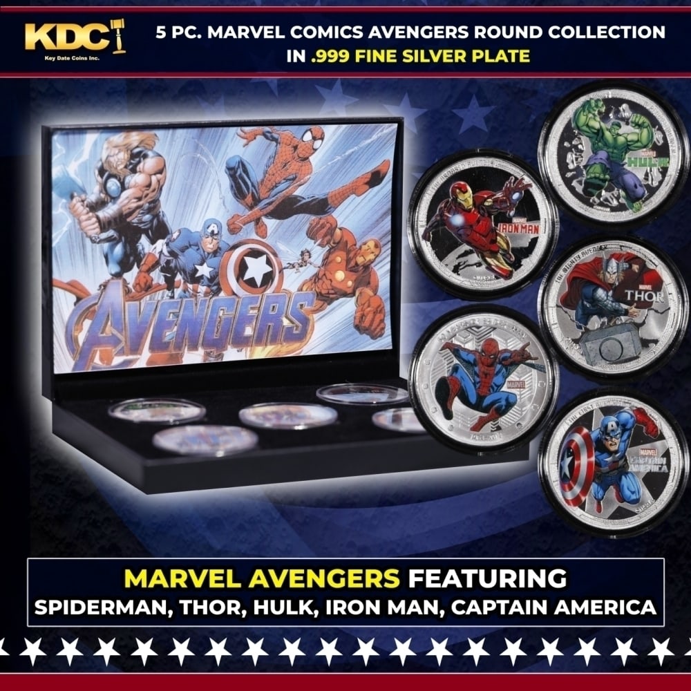 5 Coin Marvel Disney Avengers Silver Plated Round Collection Spider-Man, Hulk, Captain America, (1 of 7)