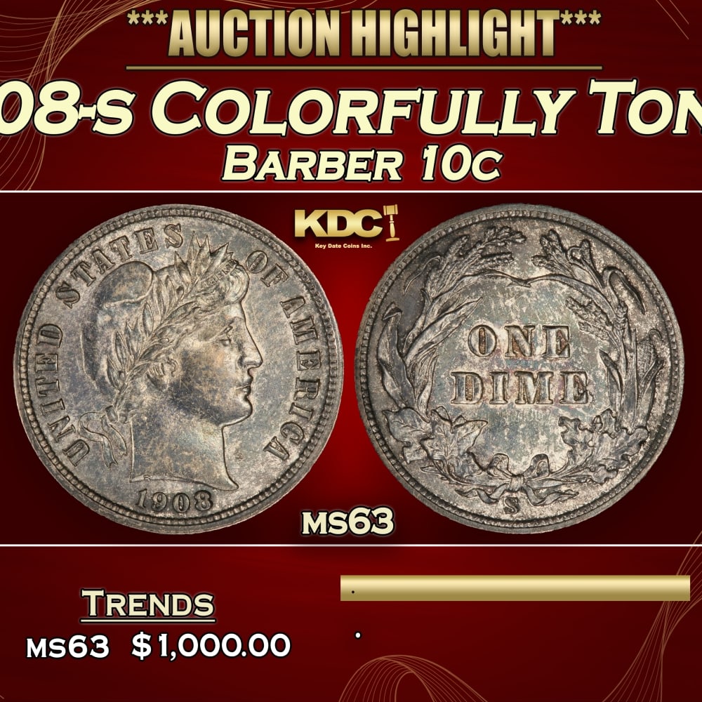 1908-s Barber Dime Colorfully Toned 10c ms63 USCG (1 of 3)