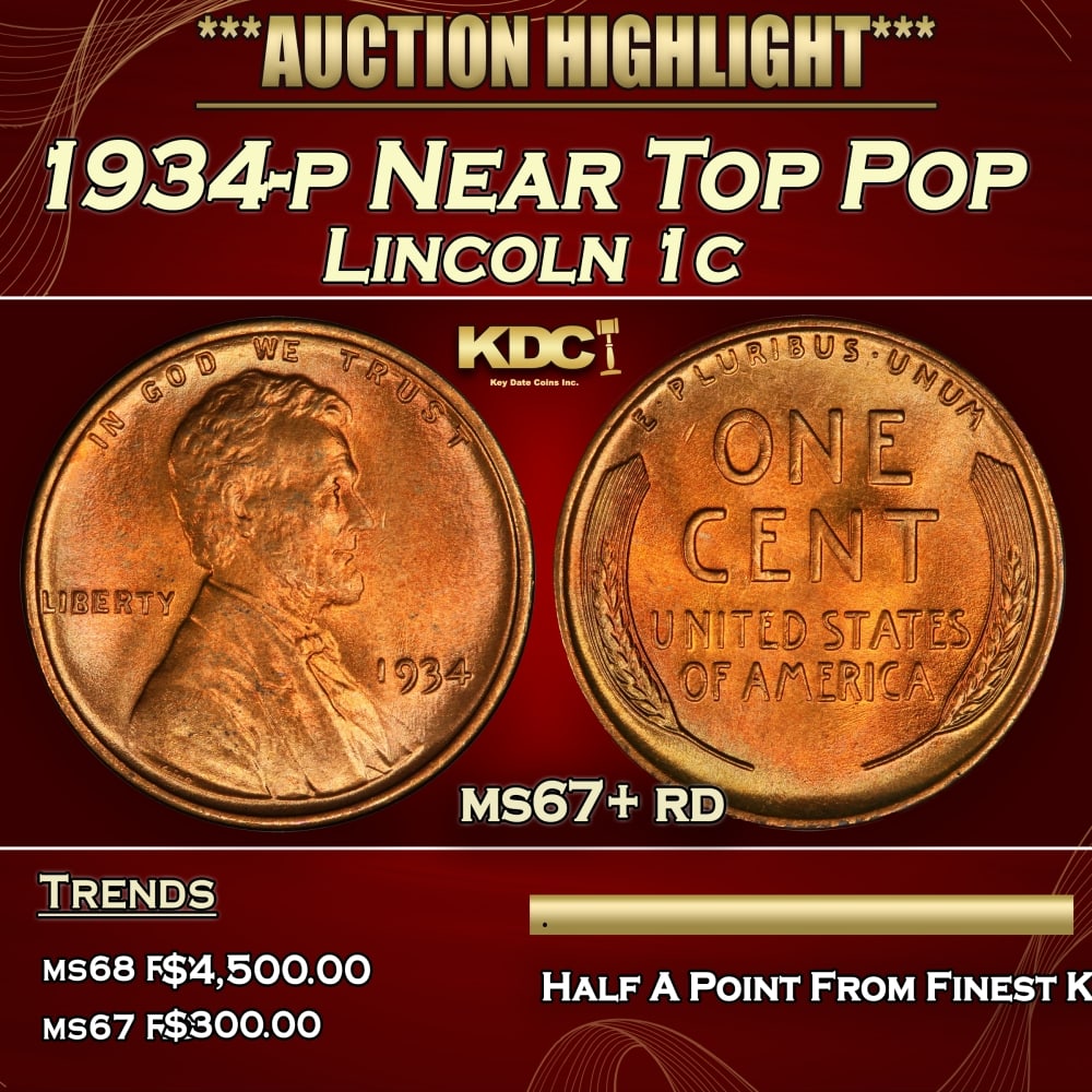 1934-p Lincoln Cent Near Top Pop 1c ms67+ rd SEGS (1 of 3)