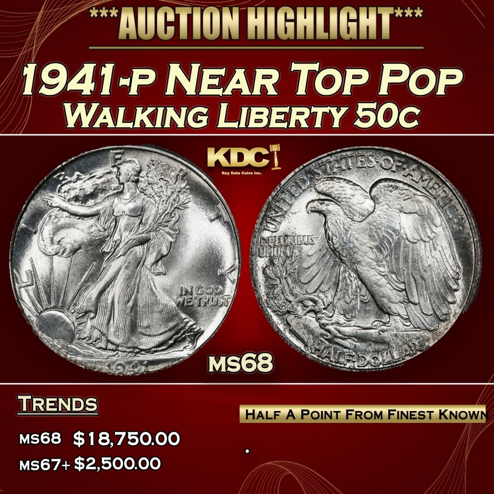 1941-p Walking Liberty Half Dollar Near Top Pop 50c ms68 SEGS: 1941-p Near Top Pop Walking Liberty Half Dollar 50c ms68 SEGS.