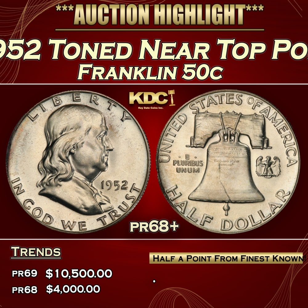1952 Proof Franklin Half Dollar Toned Near Top Pop 50c pr68+ SEGS (1 of 3)